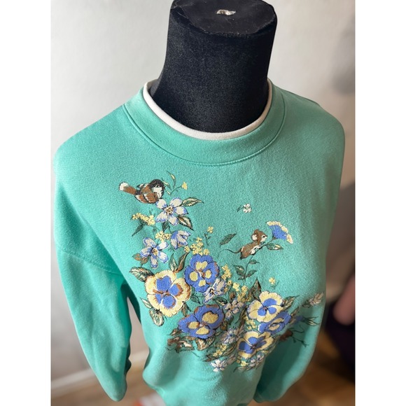 Vintage Teal Floral Bird Sweatshirt Mock Neck Grandma cozy embroidered Pullover‎ - Picture 6 of 8